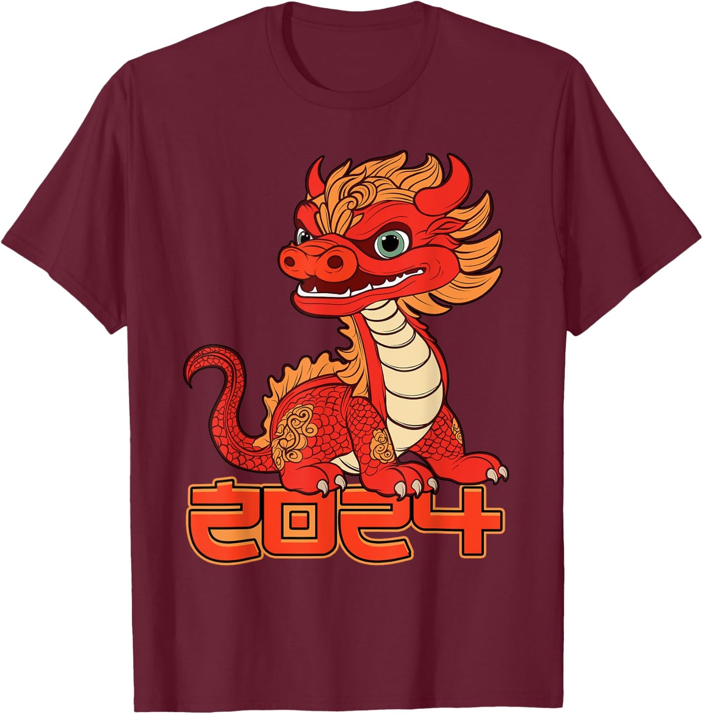 Kids Red Chinese New Year of the Dragon 2024 Lunar Zodiac T-Shirt - T-Shirt | Maroon