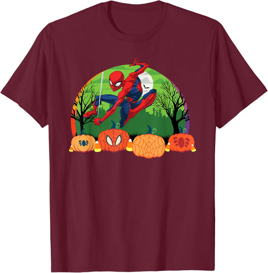 Marvel Spider-Man Spooky Halloween Night with Pumpkins T-Shirt - T-Shirt | Maroon
