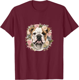 Floral English Bulldog Pastel Flower Border T-Shirt - T-Shirt | Maroon