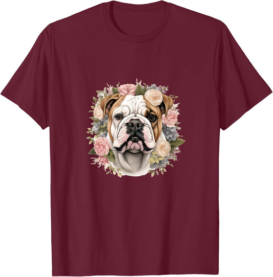 Floral English Bulldog Pastel Flower Border T-Shirt - T-Shirt | Maroon