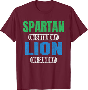 Spartan on Saturday Lion on Sunday Motivation Funny Vintage T-Shirt - T-Shirt | Maroon