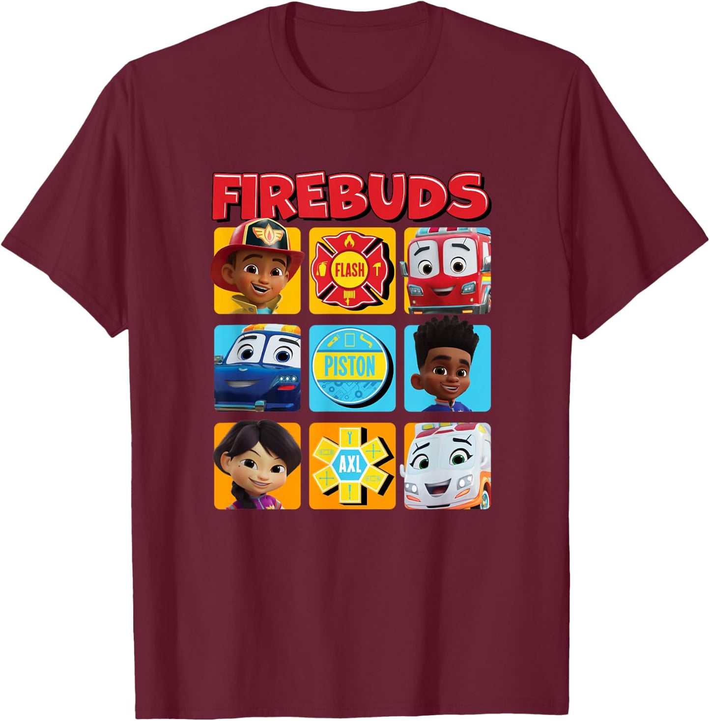 Disney Firebuds Happy Main Characters Panels Big Chest Logo T-Shirt - T-Shirt | Maroon