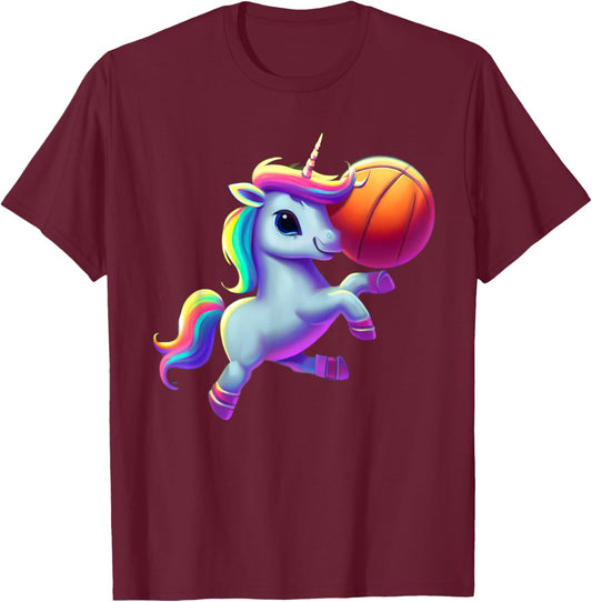 Unicorn Playing Basketball Cool Funny Unicorns Basketball T-Shirt - T-Shirt | Maroon