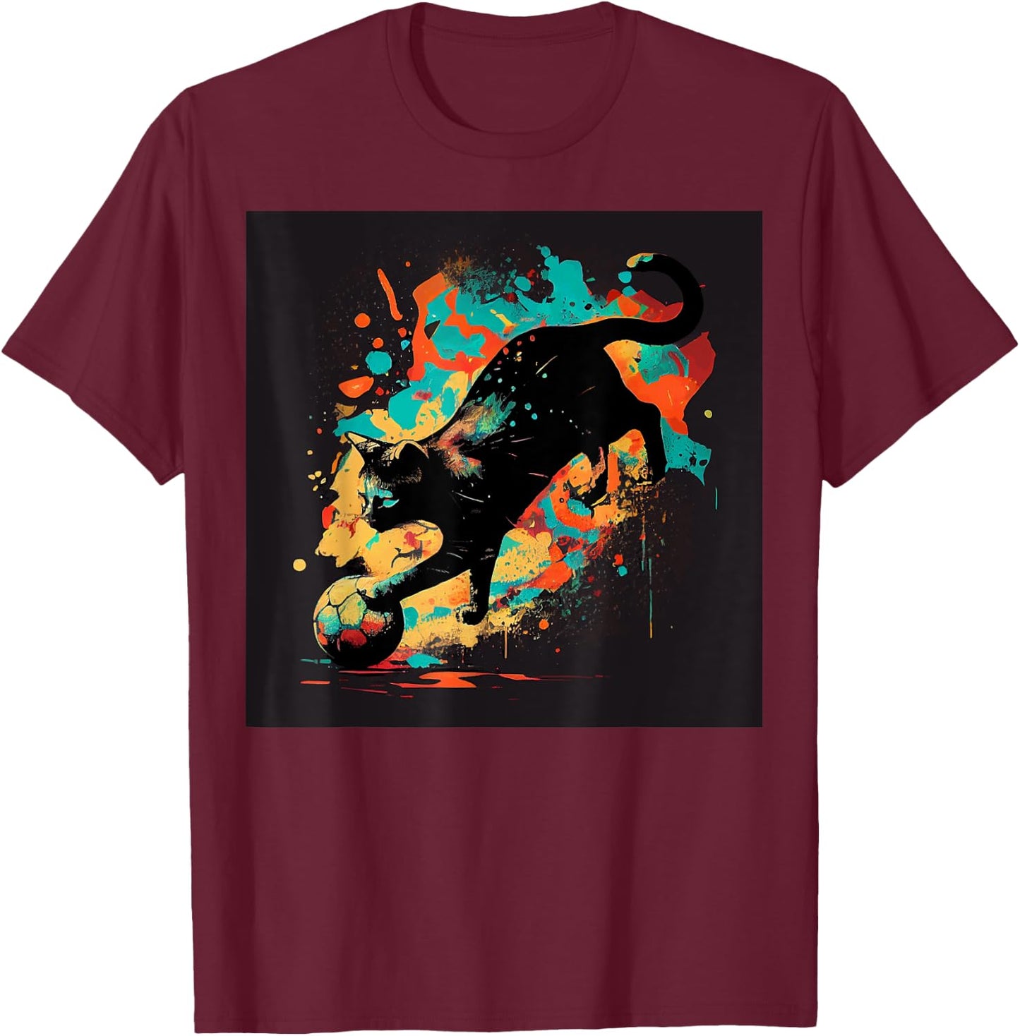 Black Cat Soccer Colorful T-Shirt - T-Shirt | Maroon