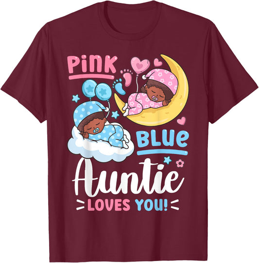 Gender Reveal Pink or Blue Auntie Loves You Small T-Shirt - T-Shirt | Maroon