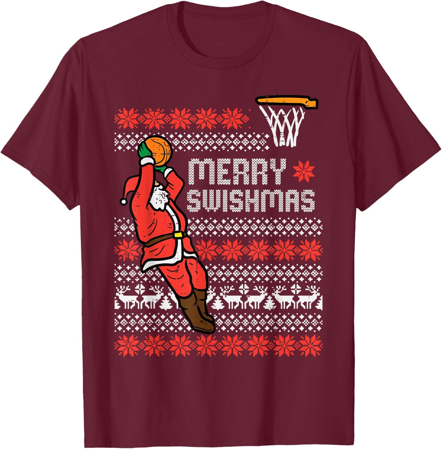 Merry Swishmas Basketball Ugly Christmas Xmas Men Boys Kids T-Shirt - T-Shirt | Maroon