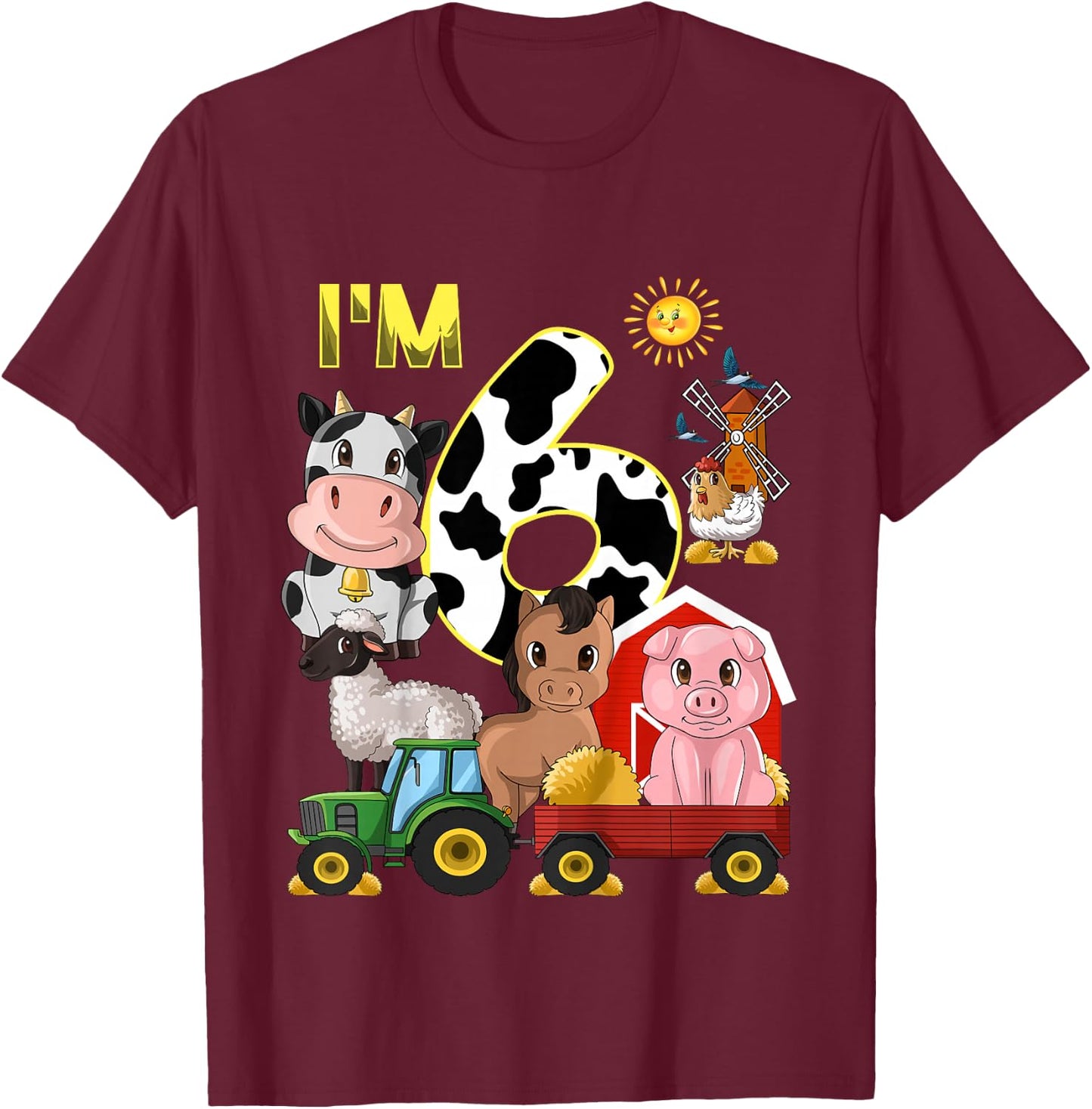 Kids Farm Animals Tractor 6th Birthday 6 Year Old Birthday Party T-Shirt - T-Shirt | Maroon