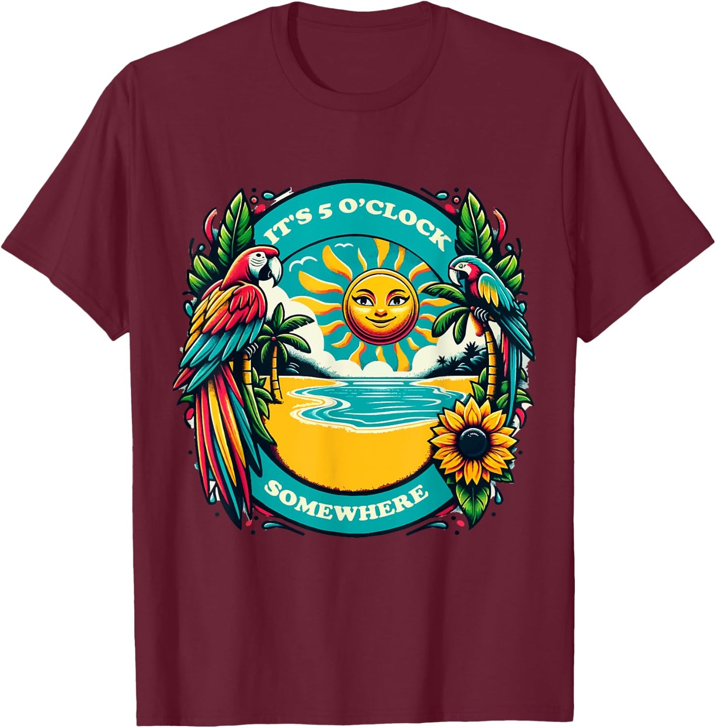 It's 5 O’clock Somewhere-Parrot Summer Beach T-Shirt - T-Shirt | Maroon