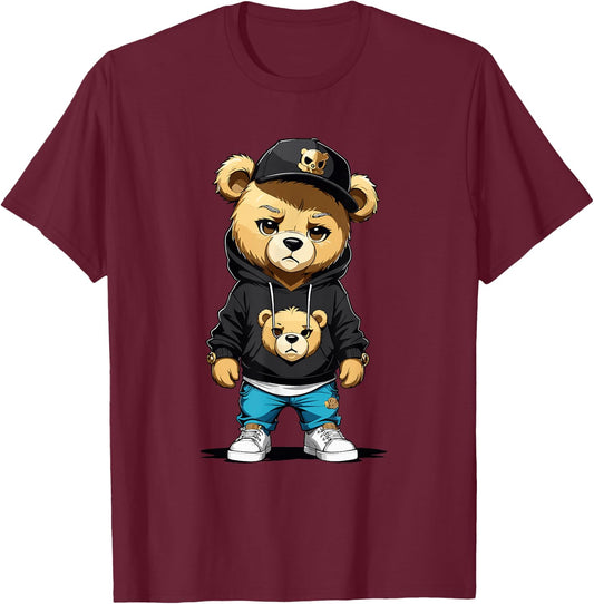 Teddy Bear Gangster in Hip Hop Street Clothes T-Shirt - T-Shirt | Maroon