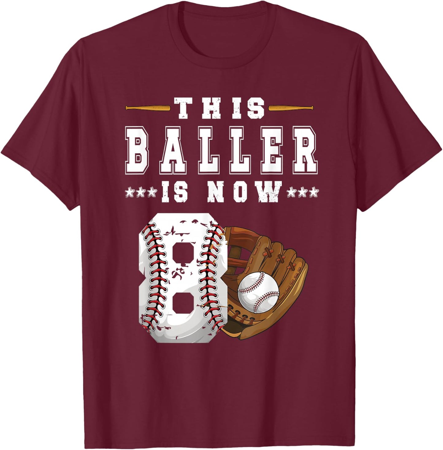 8th Birthday Baseball Boy Eight Year Old Baseball Player T-Shirt - T-Shirt | Maroon