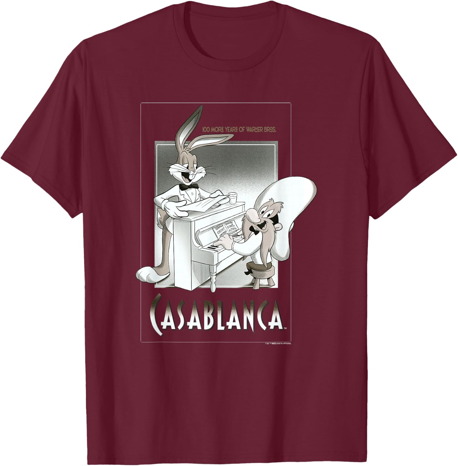 WB 100 Looney Tunes Classic Casablanca Vintage Movie Poster T-Shirt - T-Shirt | Maroon