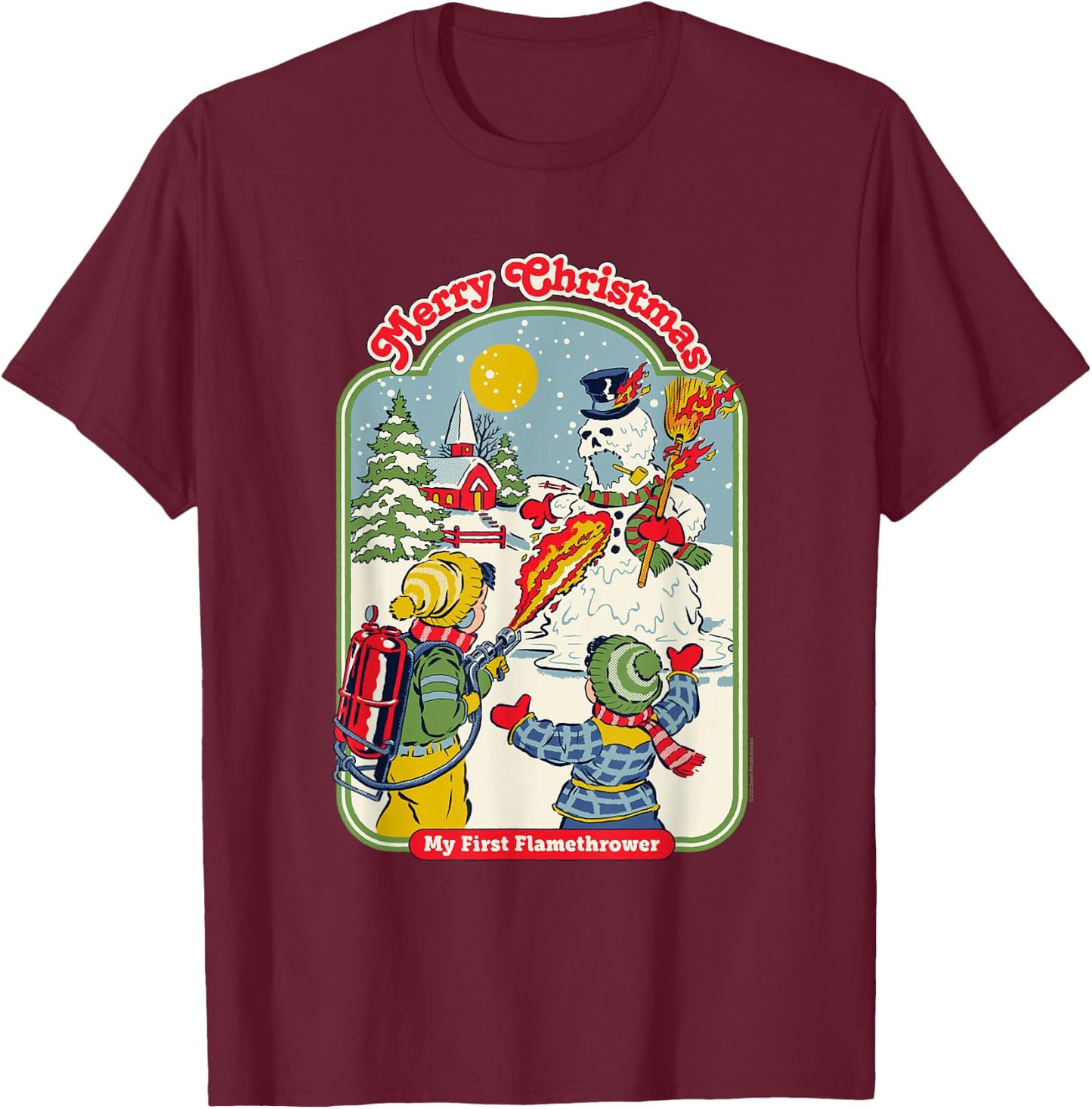 Steven Rhodes My First Flamethrower Snowman Retro Dark Humor T-Shirt - T-Shirt | Maroon