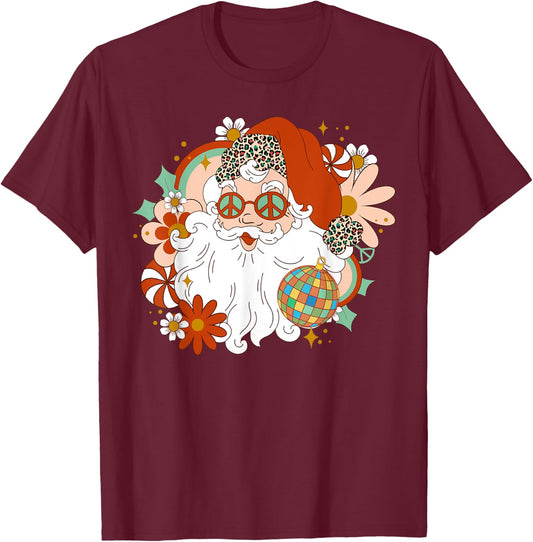 Hippie Santa Claus Floral Peace Sign Xmas Retro Christmas T-Shirt - T-Shirt | Maroon