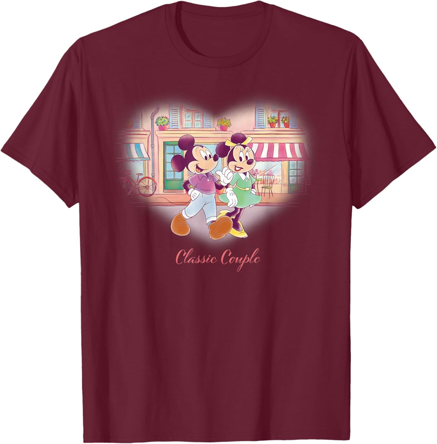 Disney Mickey & Minnie Classic Couple Retro Heart Stroll T-Shirt - T-Shirt | Maroon
