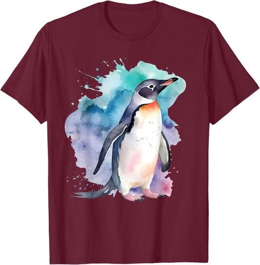 Penguin Watercolor T-Shirt - T-Shirt | Maroon