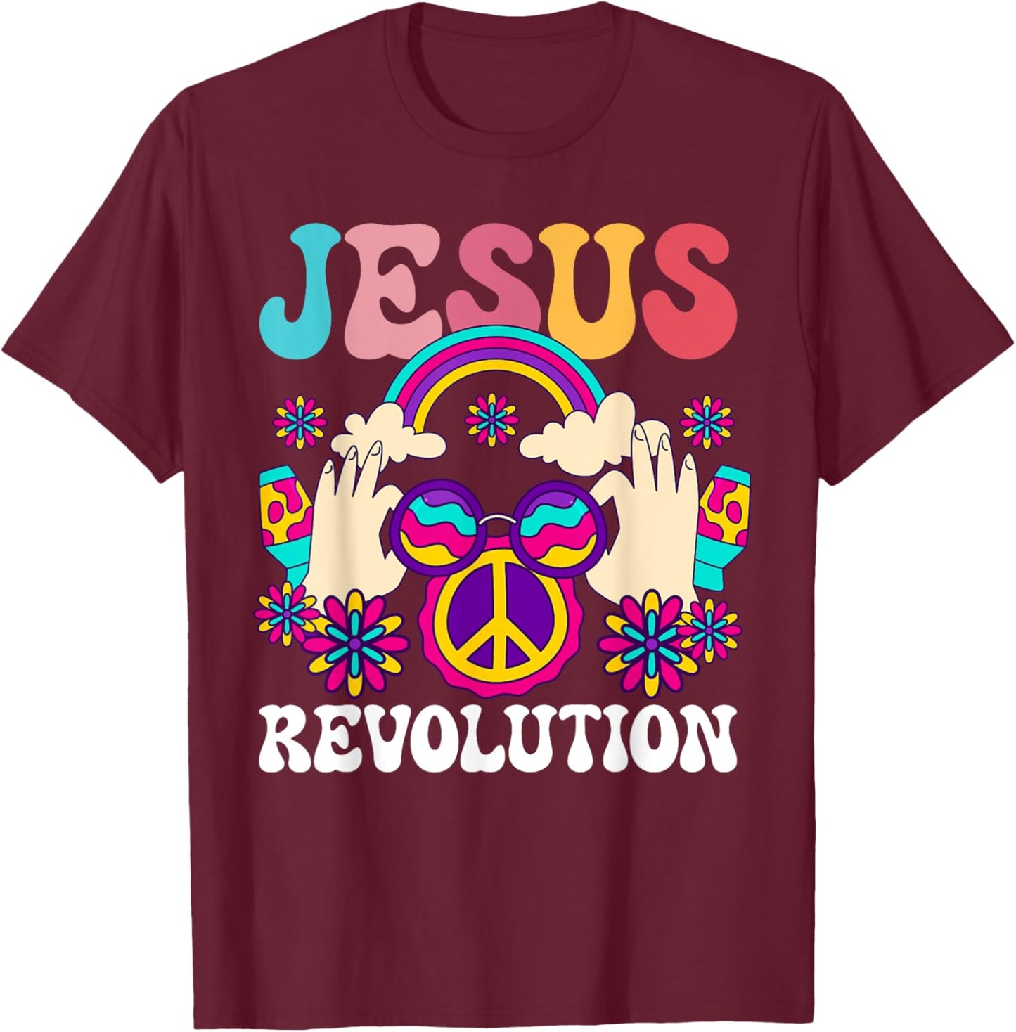 Jesus Revolution Christian Hippie Rainbow Religious Hippy T-Shirt - T-Shirt | Maroon