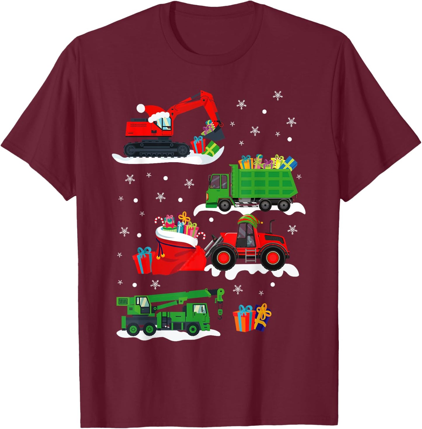 Construction Vehicle Christmas Red Trucks Winter Boys Kids T-Shirt - T-Shirt | Maroon
