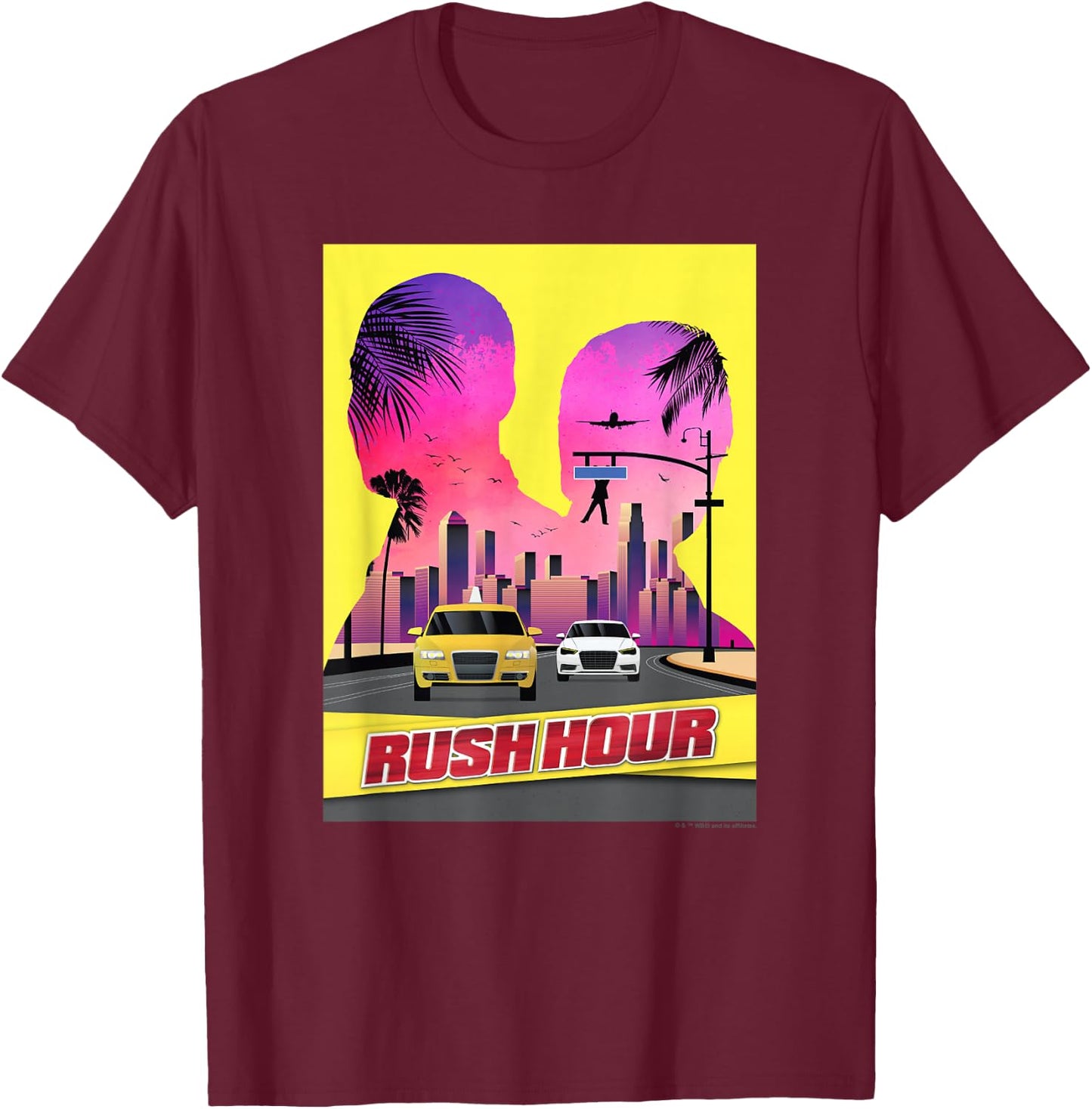 WB100 Rush Hour Retro City Skyline Partner Silhouette Poster T-Shirt - T-Shirt | Maroon