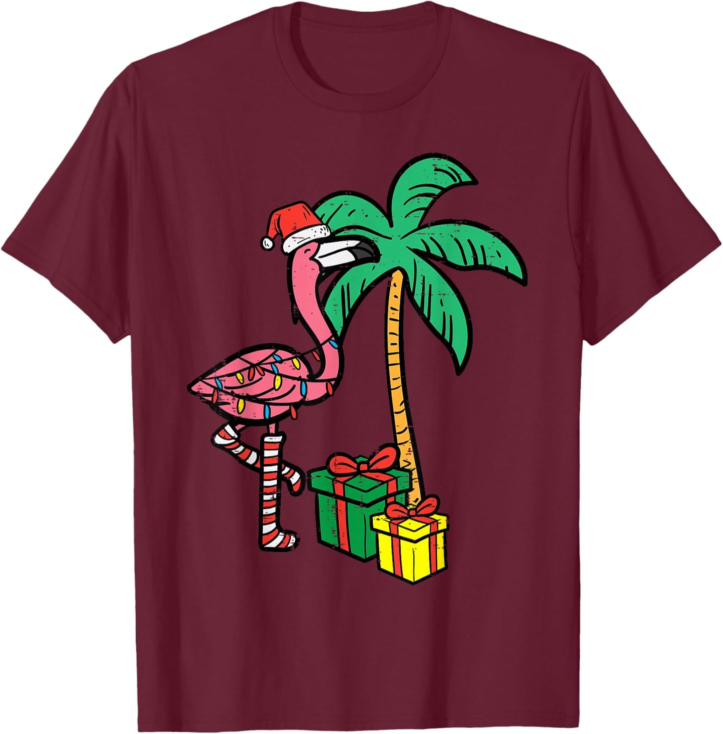 Christmas Flamingo Palm Tree Funny Xmas Beach Men Women Kids T-Shirt - T-Shirt | Maroon