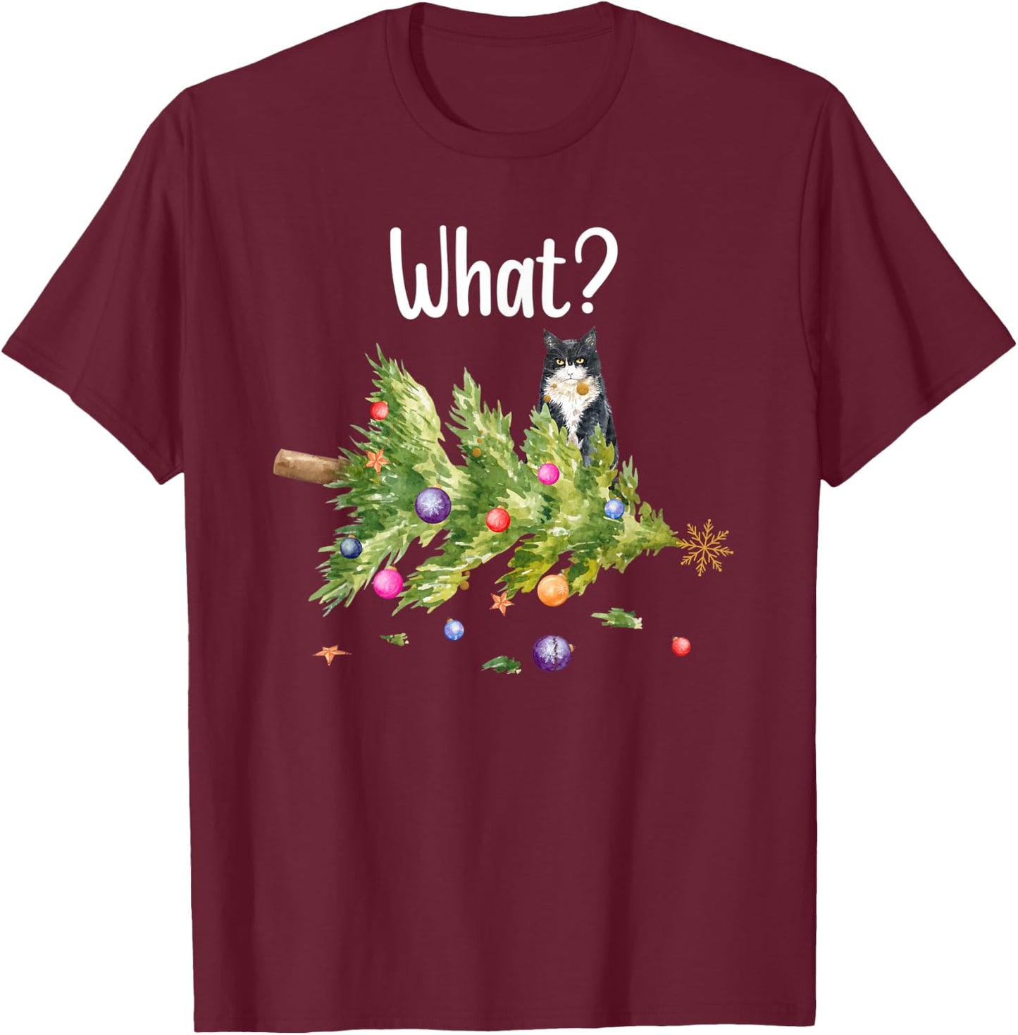 Funny Cat What Holiday Tree Christmas Men Women Kids T-Shirt - T-Shirt | Maroon