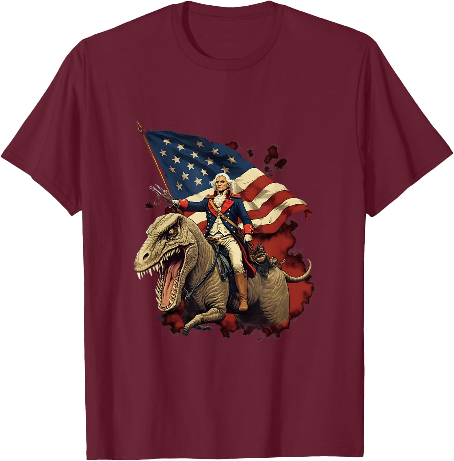 George Washington on a Dinosaur on July 4th Independence Day T-Shirt - T-Shirt | Maroon