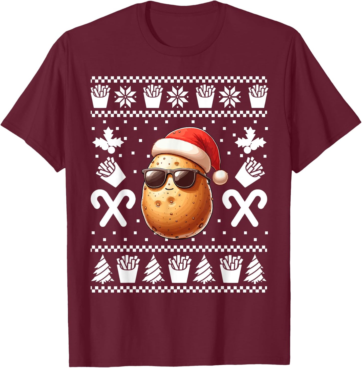 Funny Potato Christmas French Fries Pattern Xmas Season T-Shirt - T-Shirt | Maroon