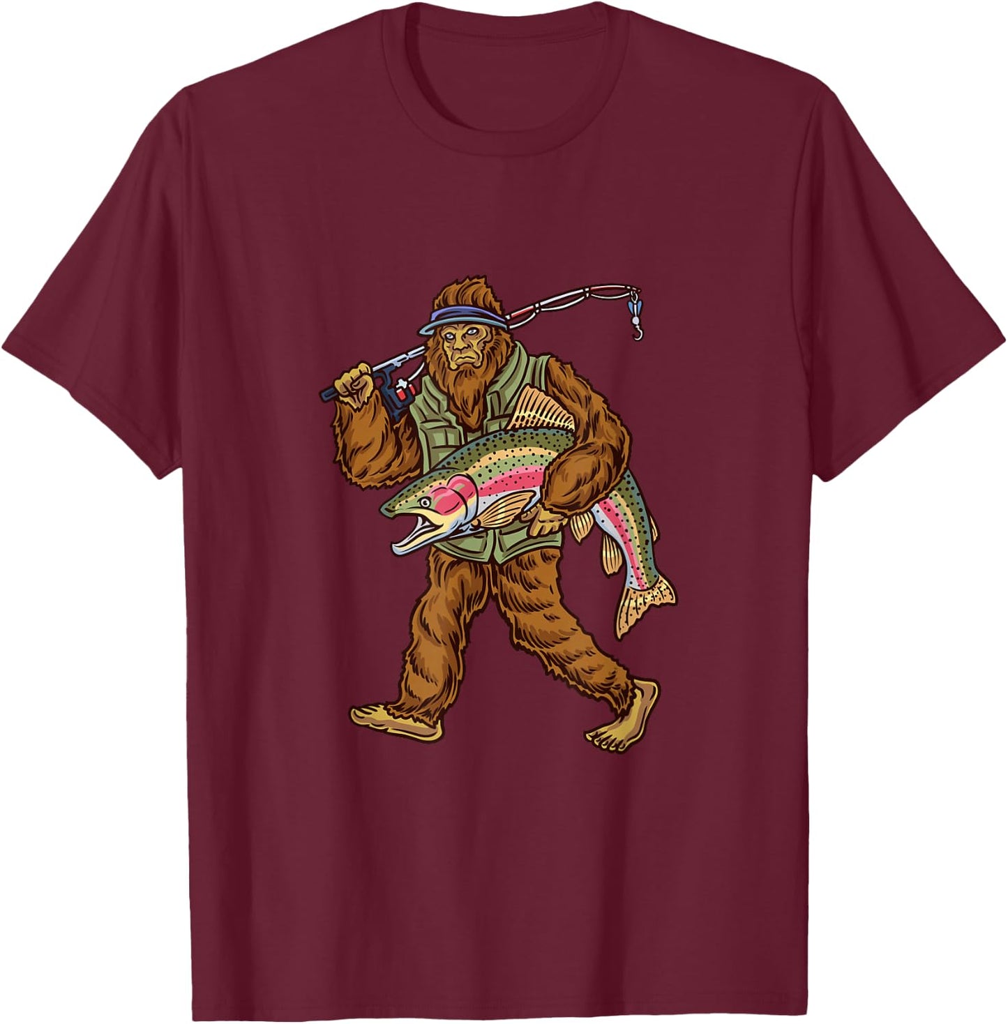 Rainbow Trout River Fishing Bigfoot Hunting Fishermen T-Shirt - T-Shirt | Maroon