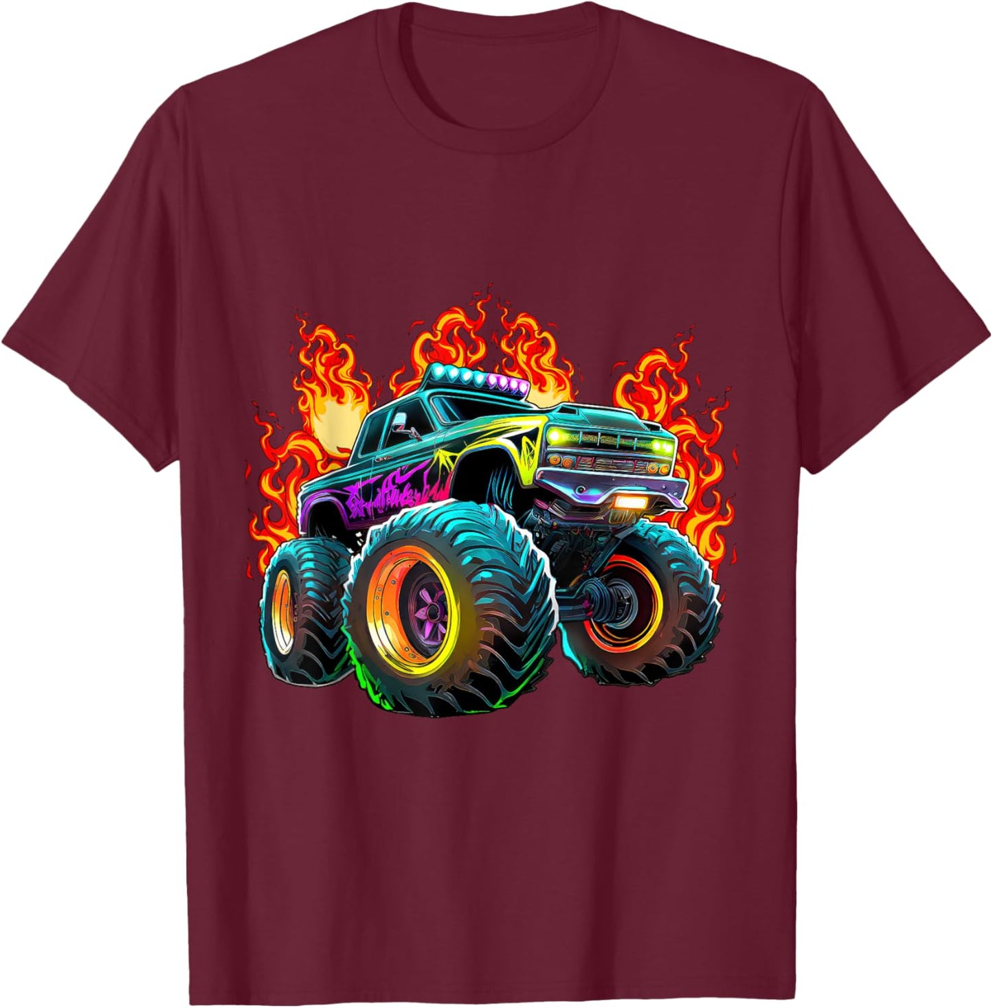 Monster Truck Flame Retro Monster Truck Birthday Boy Party T-Shirt - T-Shirt | Maroon