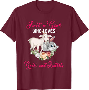Just A Girl Who Loves Goats And Rabbits Floral Farm Animals T-Shirt - T-Shirt | Maroon