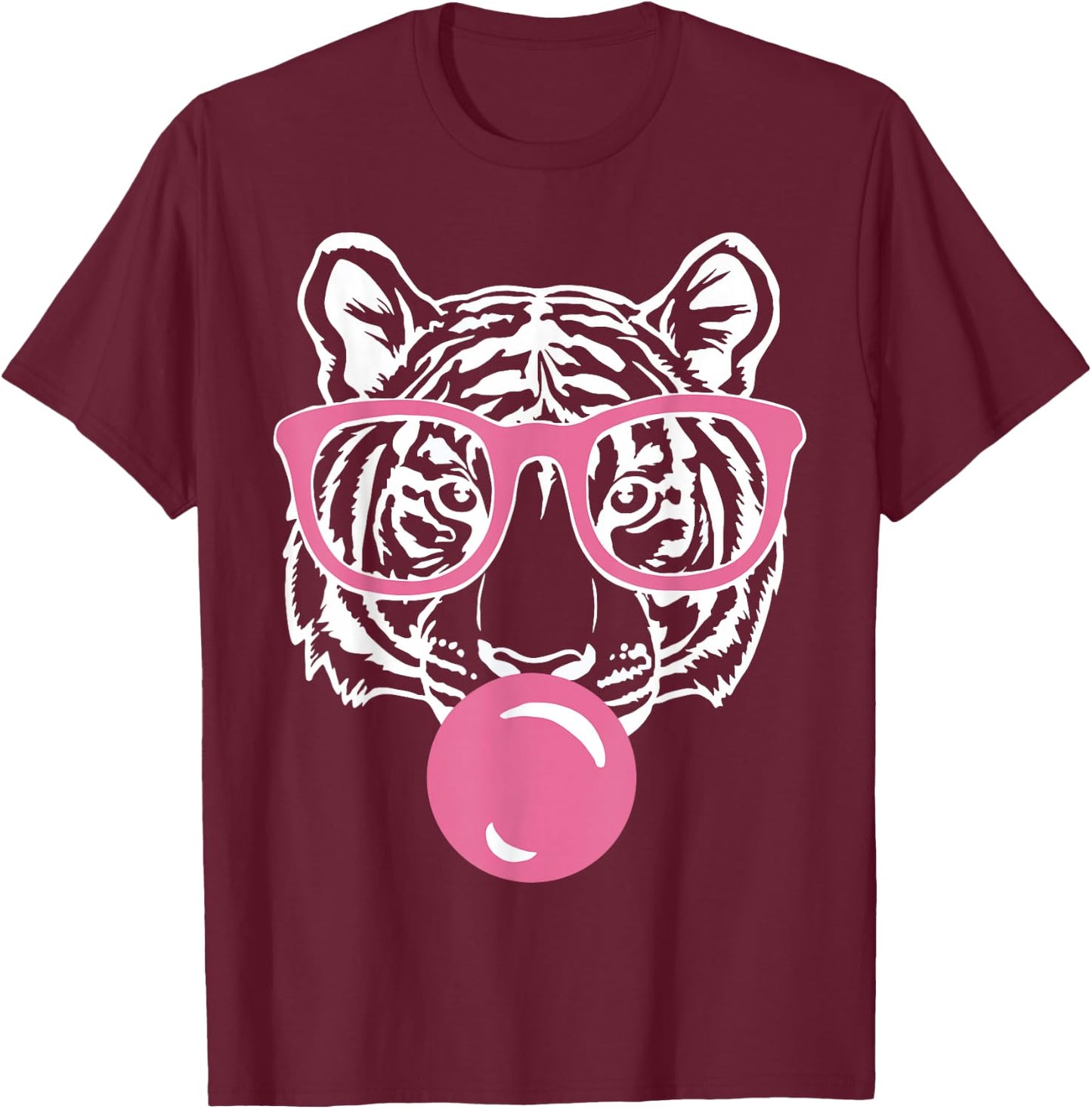 Popping Bubble Gum Tiger Smart Pink Glasses Cat and Tiger T-Shirt - T-Shirt | Maroon