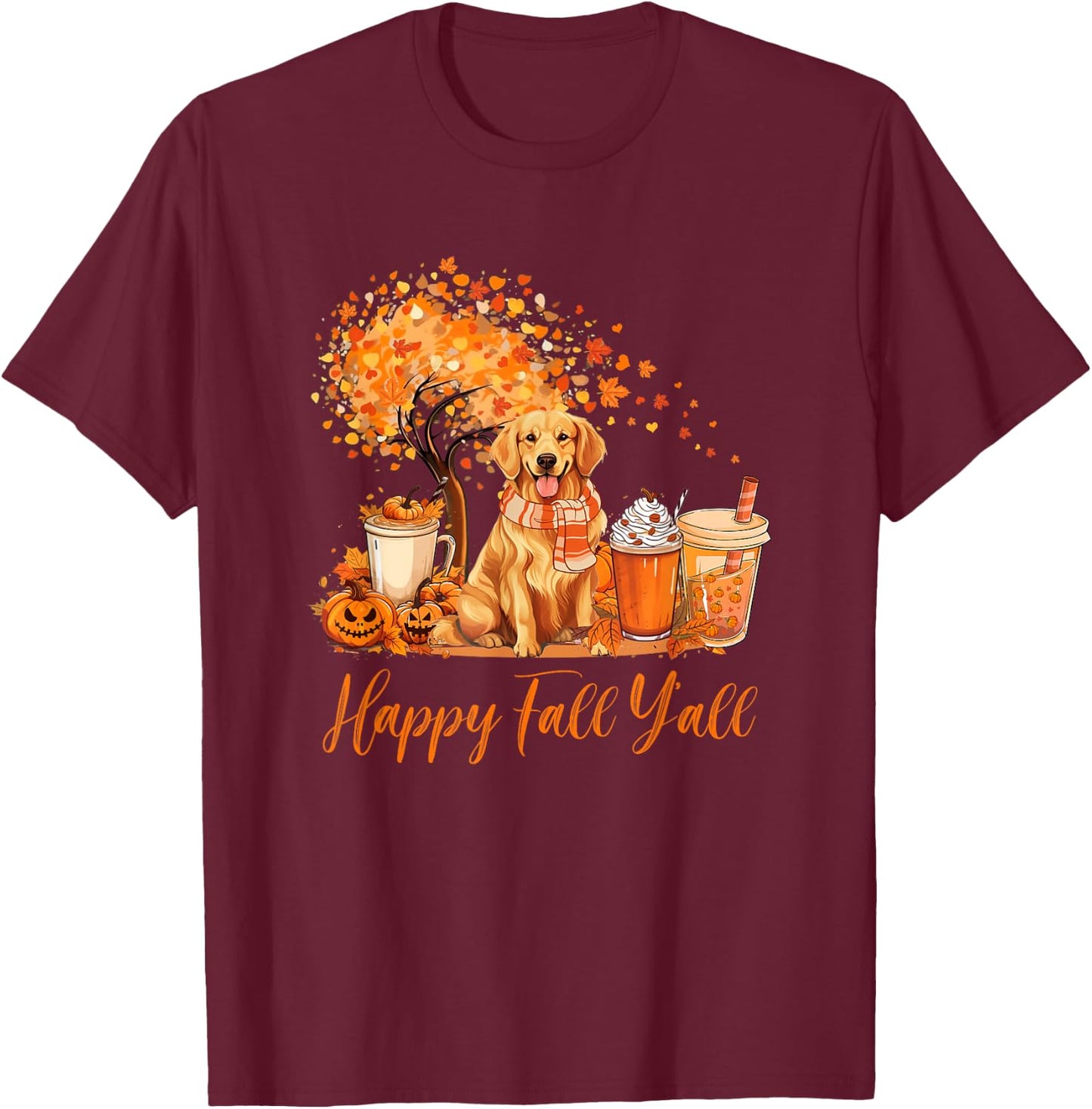 Happy Fall Y'all Golden Retriever Autumn Pumpkin Spice Latte T-Shirt - T-Shirt | Maroon