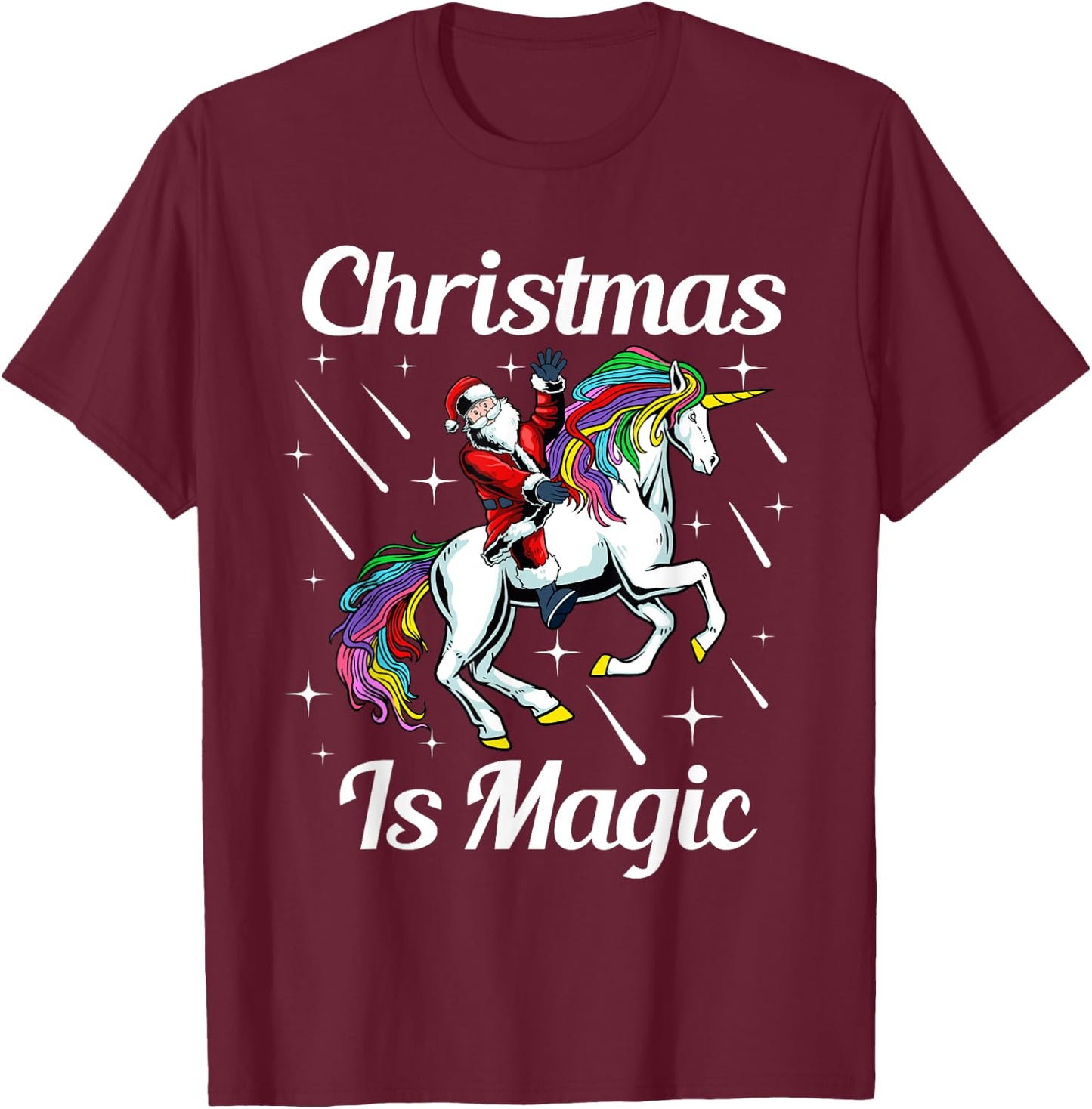 Christmas Is Magic Pajama Cute Santa Riding Unicorn X-Mas T-Shirt - T-Shirt | Maroon