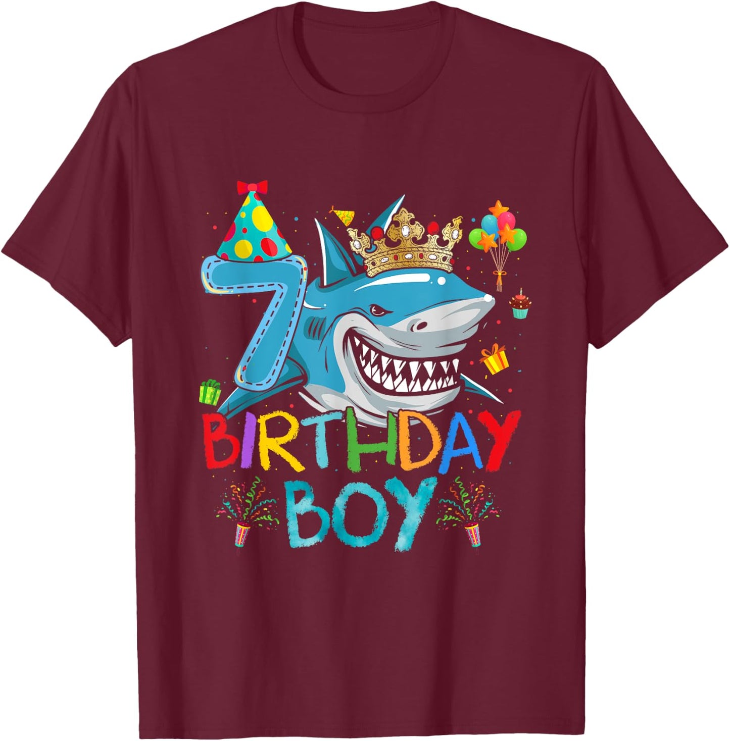 7th Birthday Shark Ocean Theme Party 7 Years Old For Boy T-Shirt - T-Shirt | Maroon