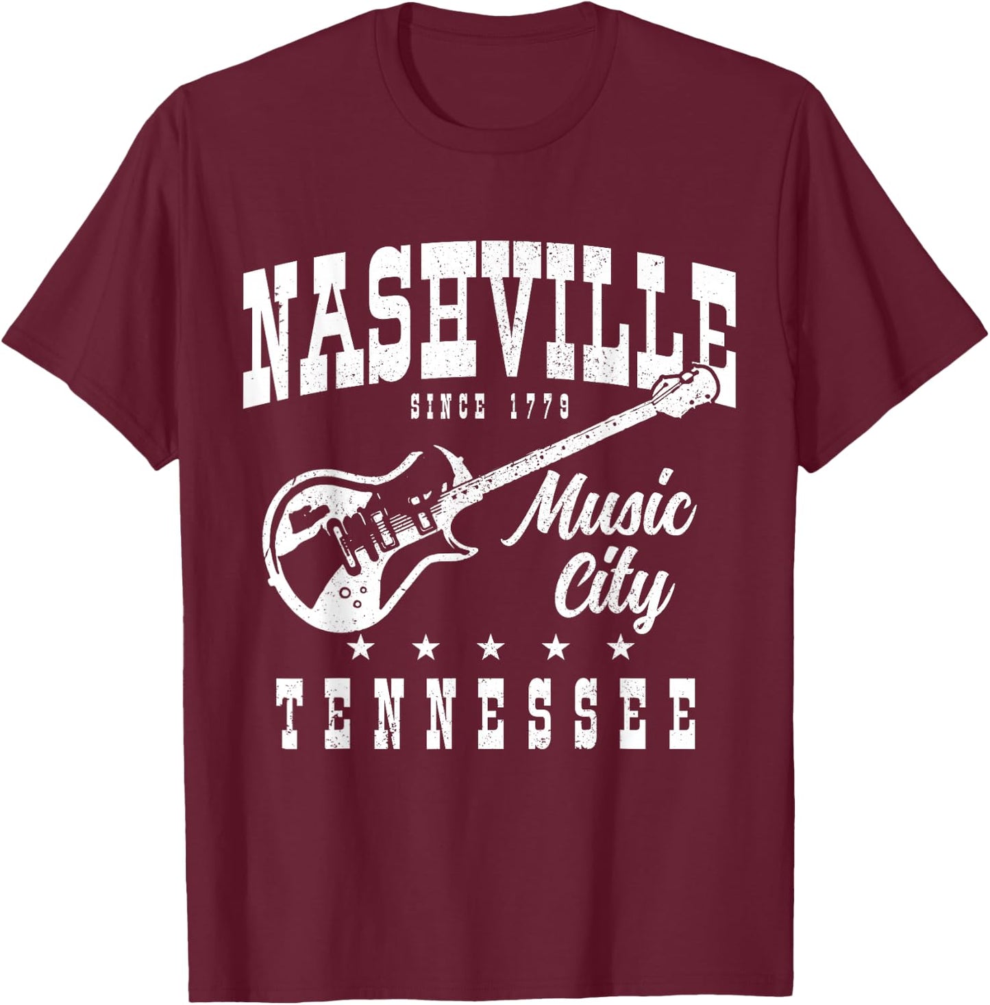 Nashville Tennessee Country Music City Guitar Player Vintage T-Shirt - T-Shirt | Maroon