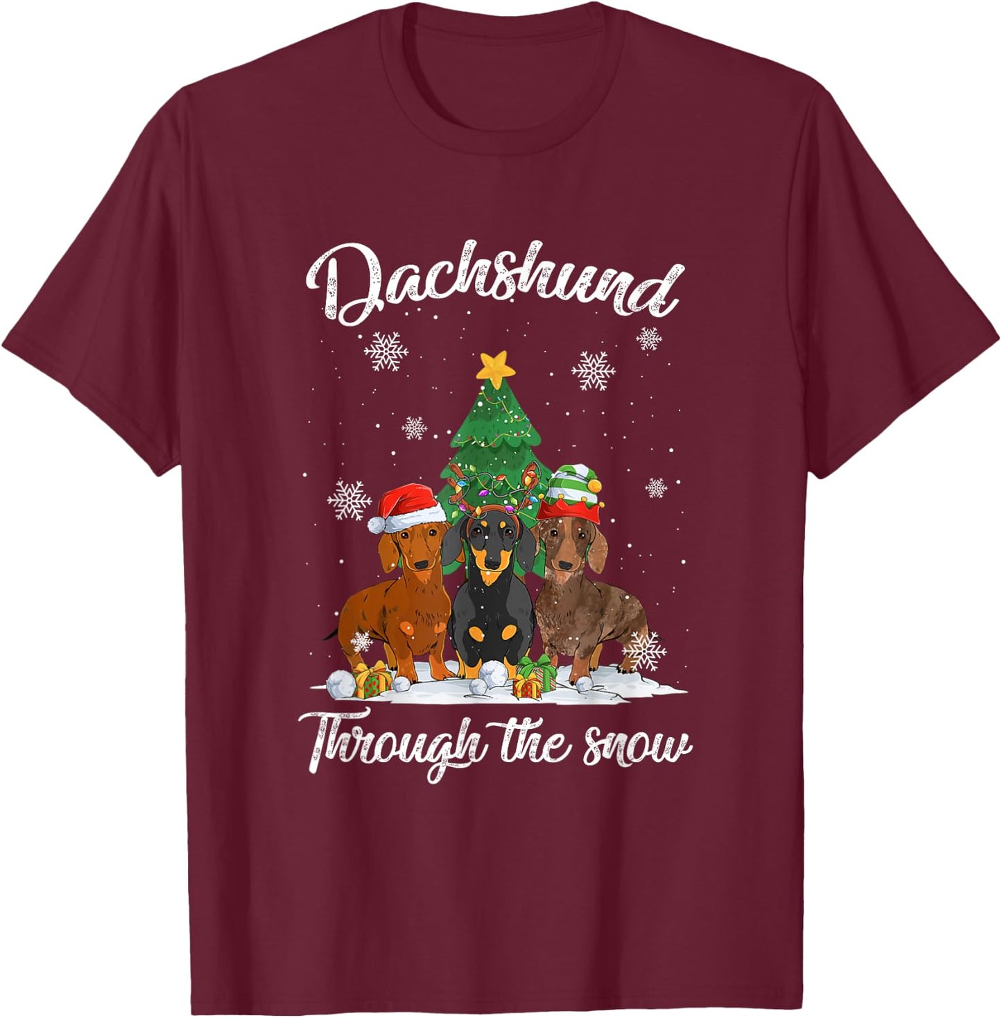 Merry Christmas Dachshund Dog Through The Snow Men Women Kids T-Shirt - T-Shirt | Maroon