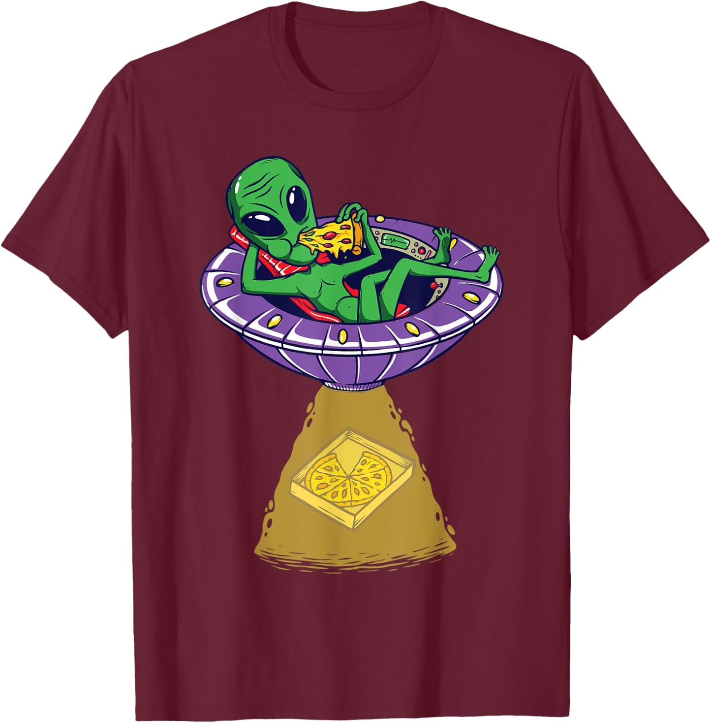 Relaxed Alien Enjoy Eating And Abducting Pizza In UFO T-Shirt - T-Shirt | Maroon