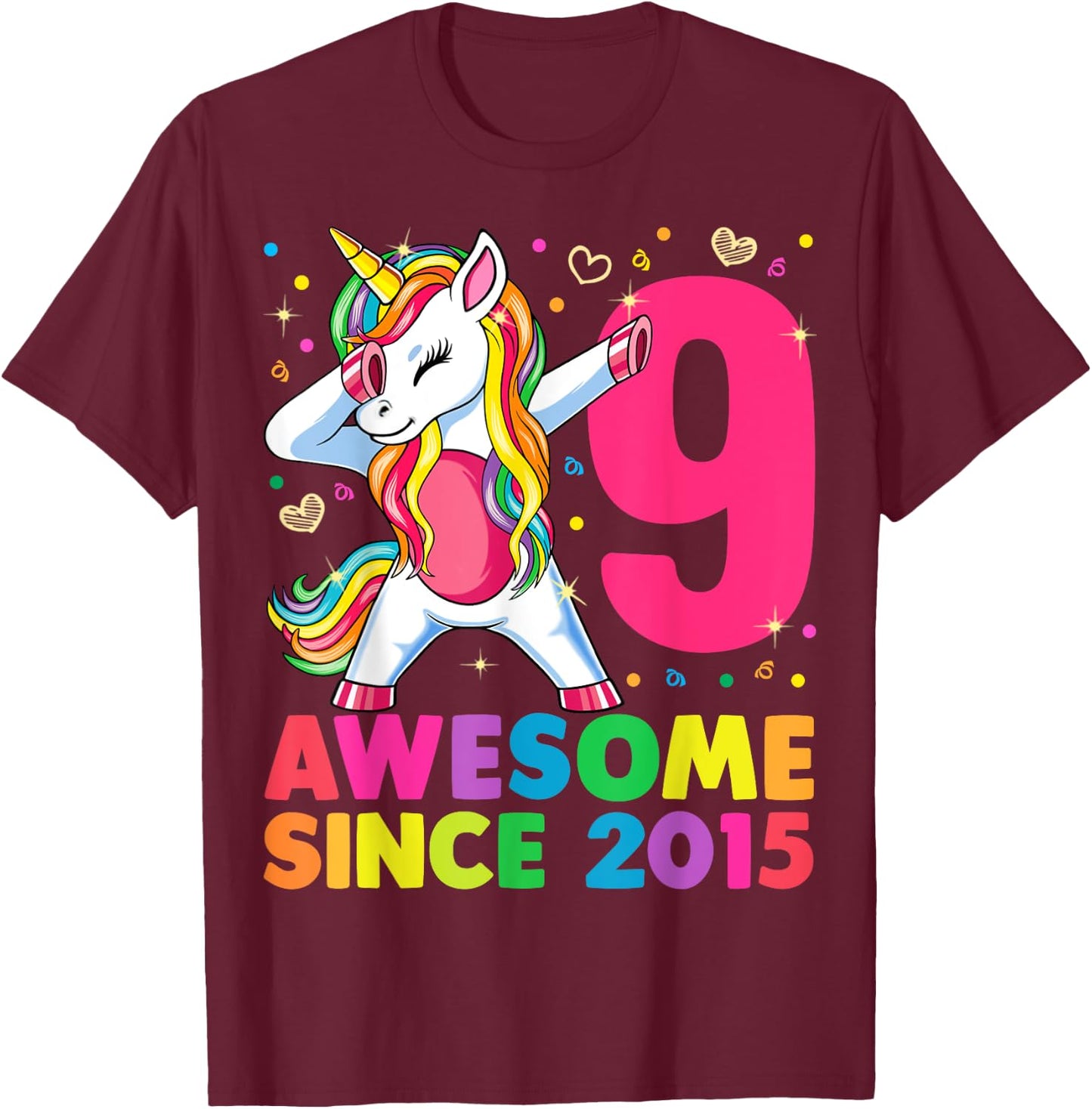 9 Years Old Unicorn Dabbing 9th Birthday Girl Unicorn Party T-Shirt - T-Shirt | Maroon