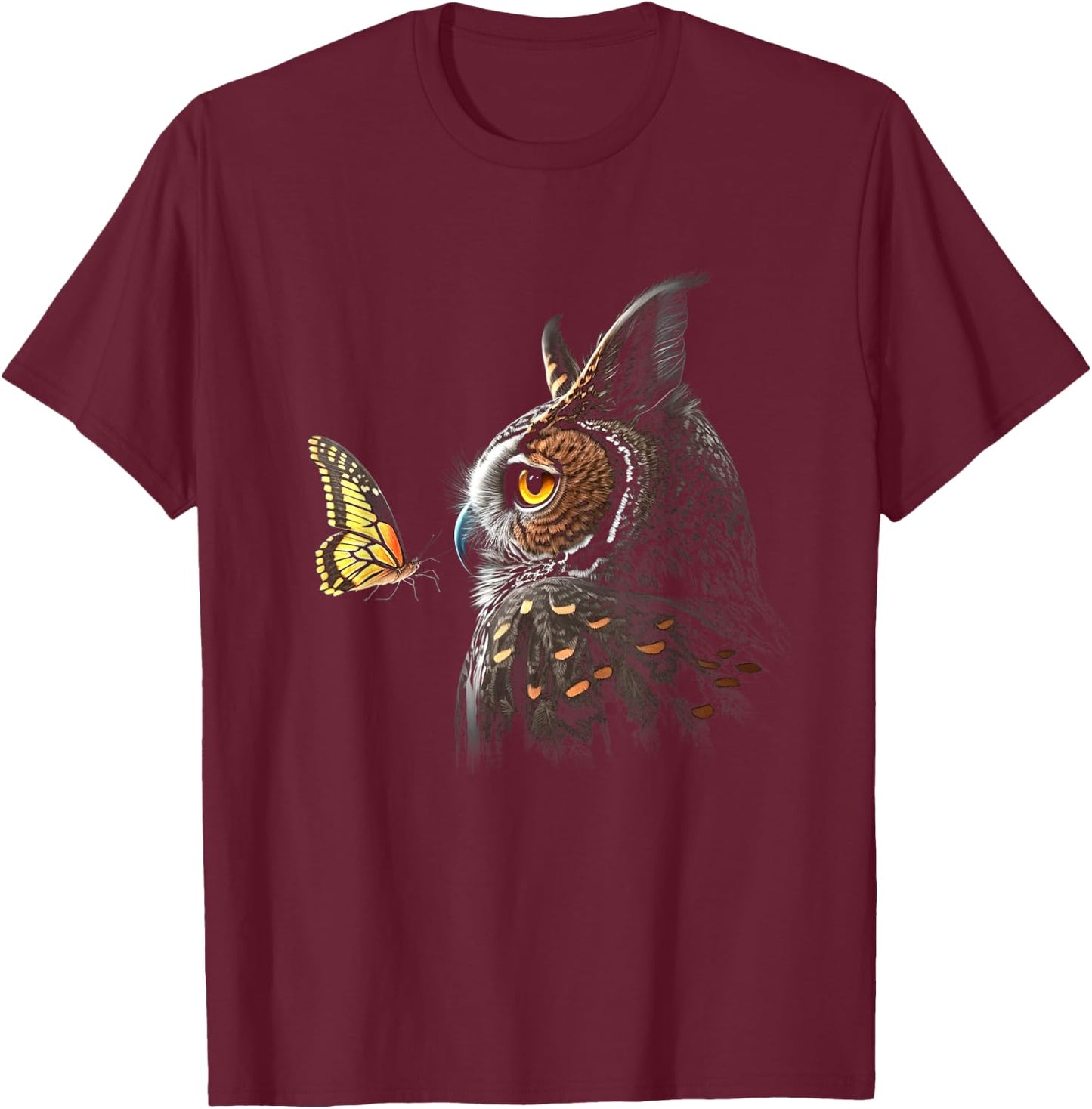 Owl With Butterfly Owl Lover Night Owl Bird T-Shirt - T-Shirt | Maroon