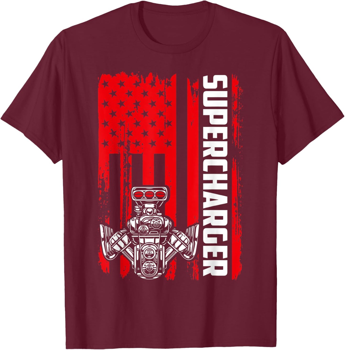 Supercharger Flag July 4th Drag Racing Muscle Car Horsepower T-Shirt - T-Shirt | Maroon