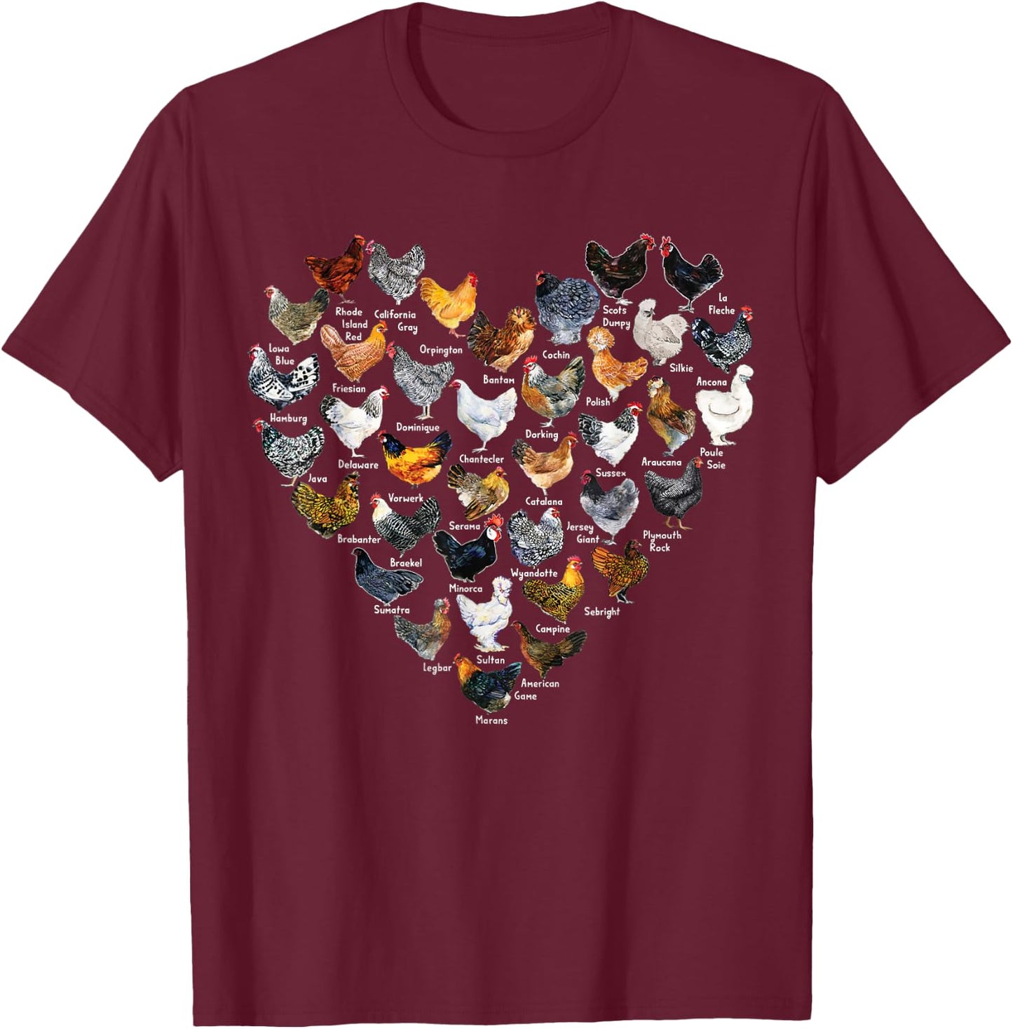 Love Chickens Heart Types of Chicken T-Shirt - T-Shirt | Maroon