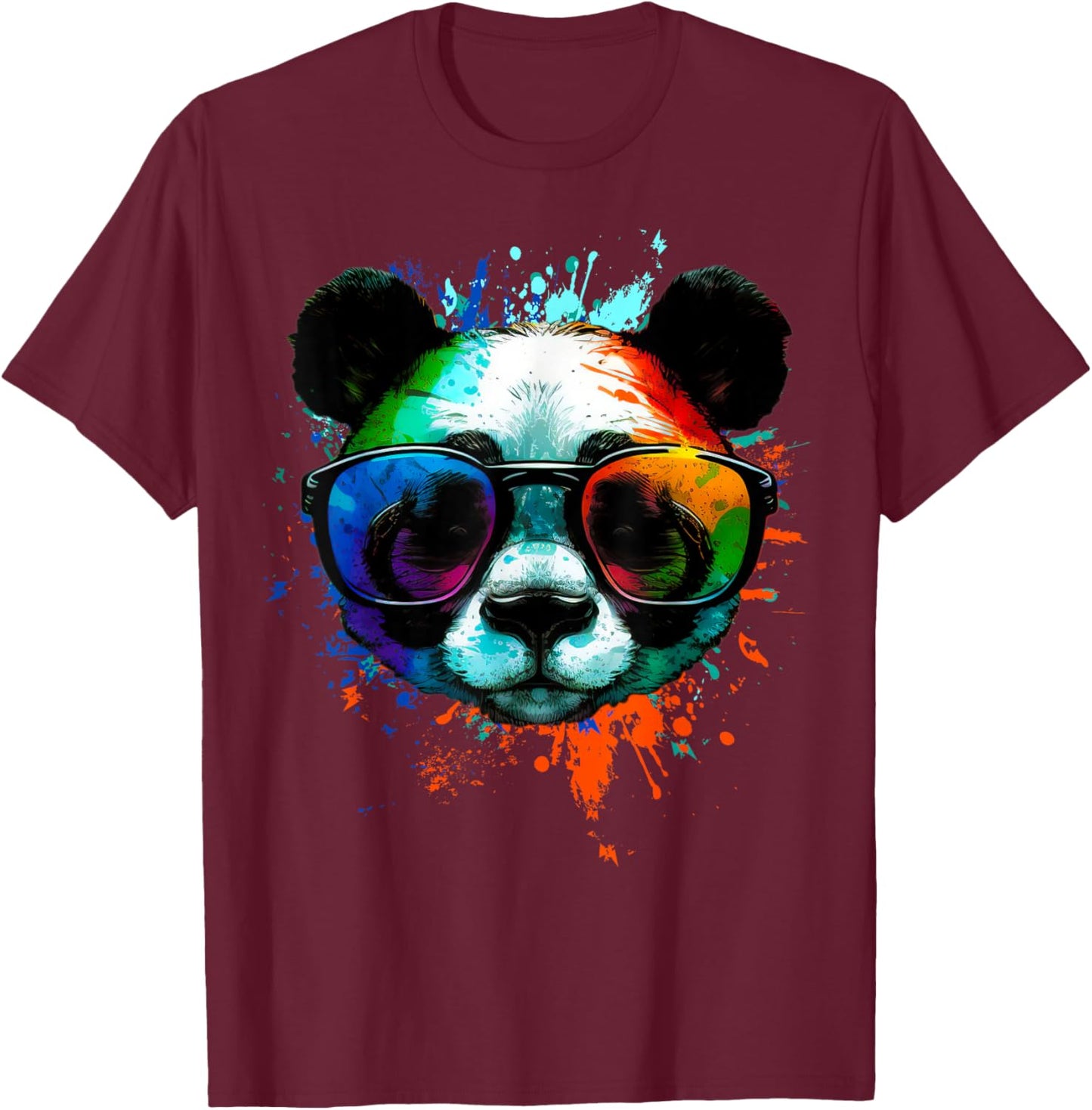 Cool Panda with sunglasses with Colorful Ink Splashes T-Shirt - T-Shirt | Maroon