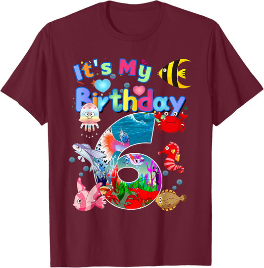 6nd Birthday Party 6 Year Old Sea Fish Aquarium Birthday Boy T-Shirt - T-Shirt | Maroon