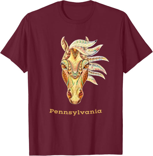 Pennsylvania Colorful Horse Tribal Native American Geometric T-Shirt - T-Shirt | Maroon