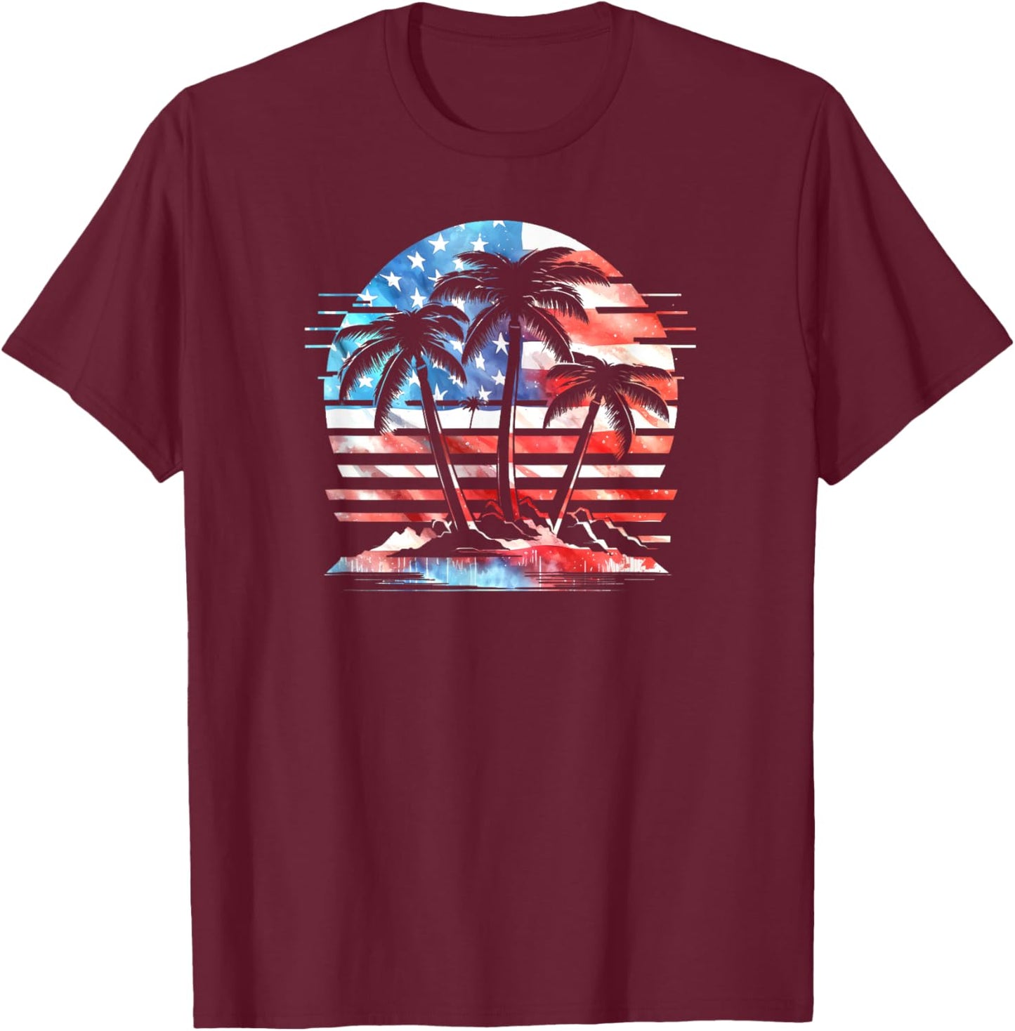American Flag Retro Beach Palm Trees 4th of July Patriotic T-Shirt - T-Shirt | Maroon