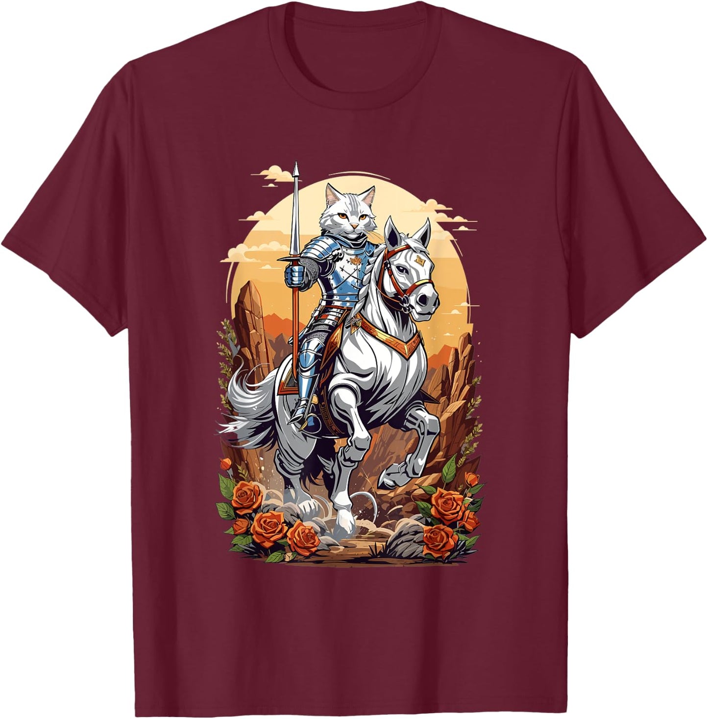 Magical Knight Cat Riding His Horse Into Battle Graphic Women Kids T-Shirt - T-Shirt | Maroon