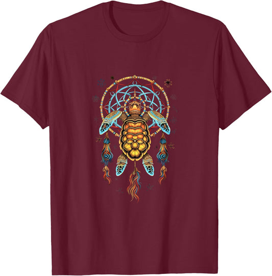 Dream Catcher Sea Turtle Indian Tribal Art T-Shirt - T-Shirt | Maroon