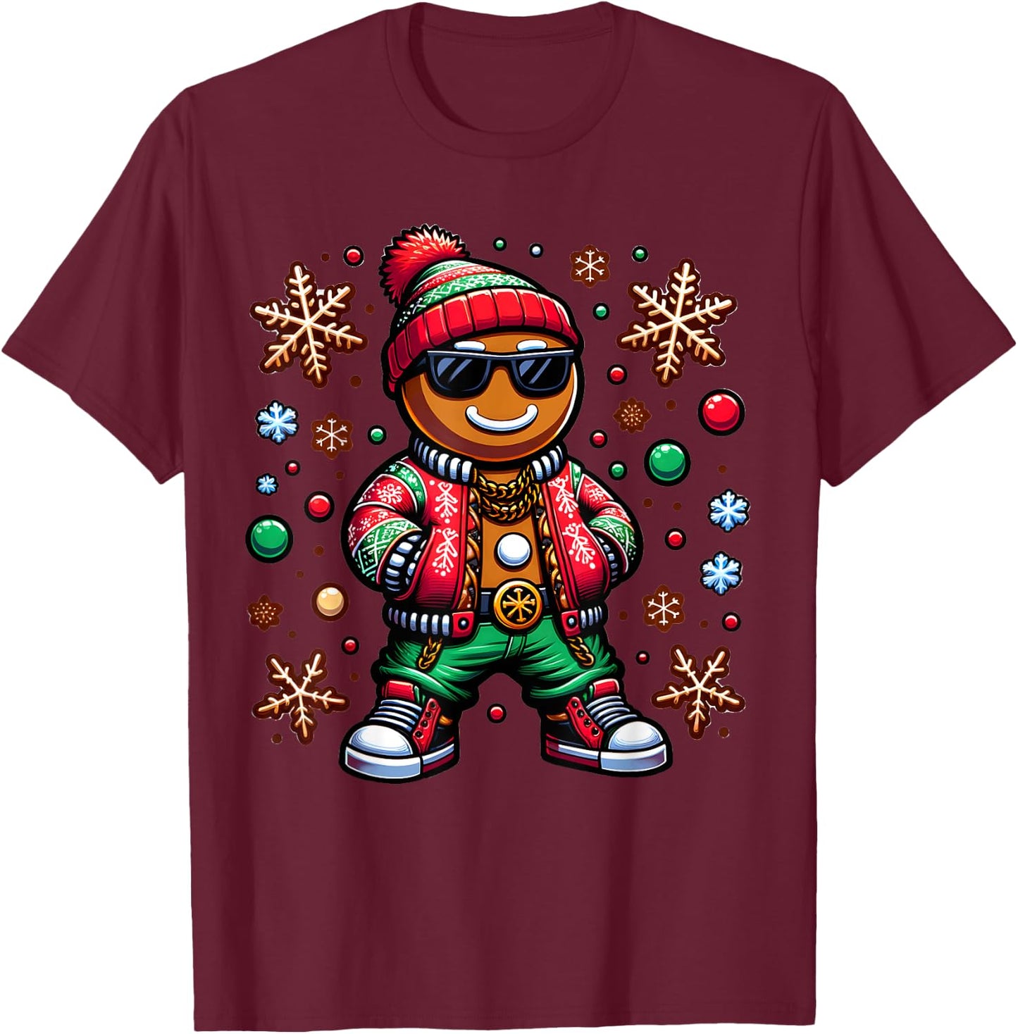 Hip Hop Gingerbread Man X-Mas Funny Christmas Boys T-Shirt - T-Shirt | Maroon