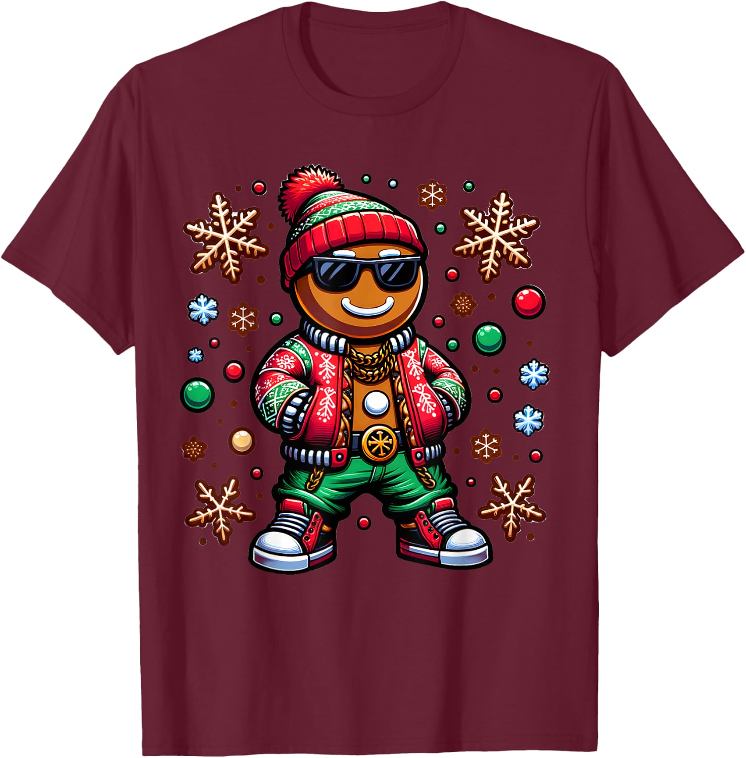 Hip Hop Gingerbread Man X-Mas Funny Christmas Boys T-Shirt - T-Shirt | Maroon