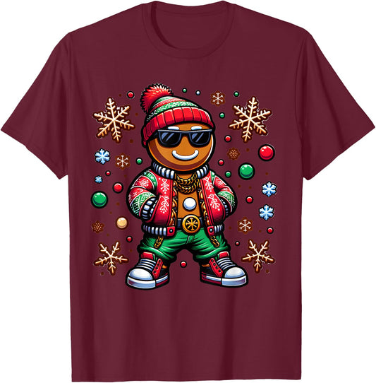 Hip Hop Gingerbread Man X-Mas Funny Christmas Boys T-Shirt - T-Shirt | Maroon