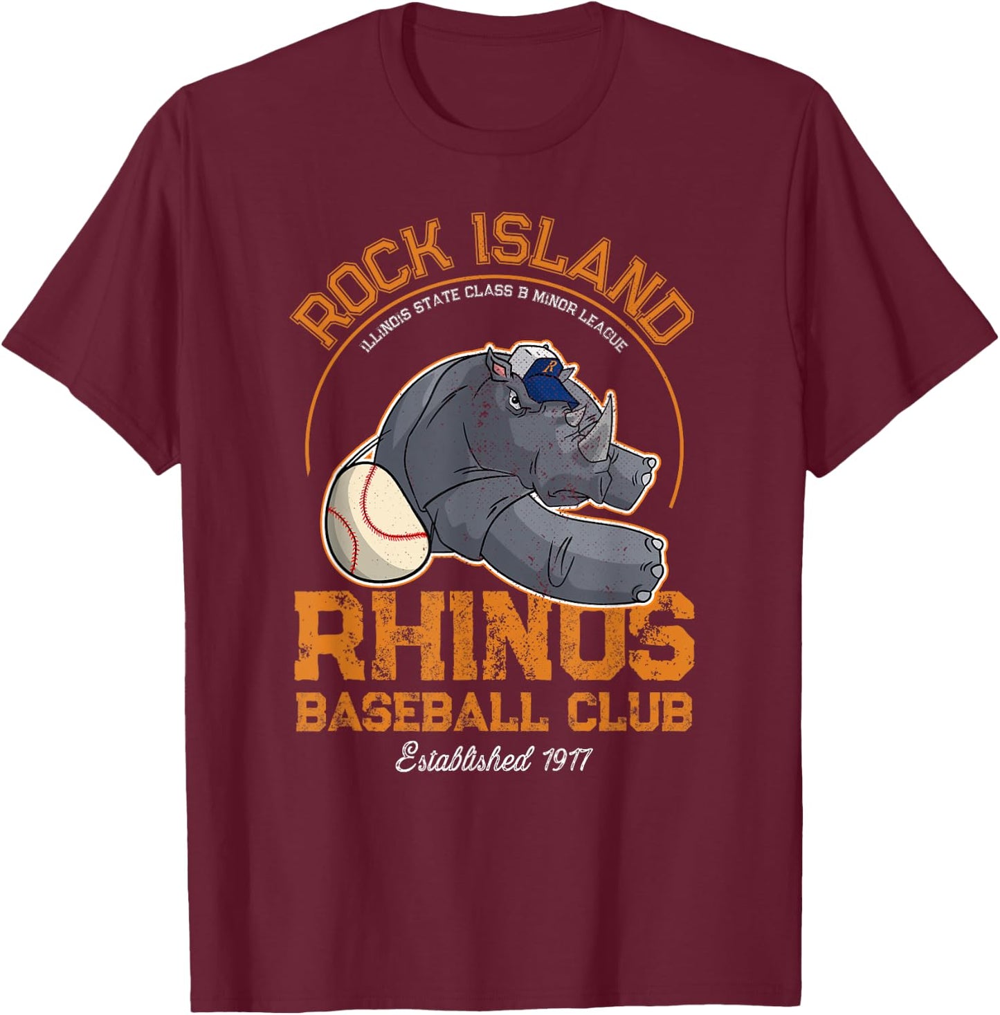 Rock Island Rhinos Retro Minor League Baseball Team T-Shirt - T-Shirt | Maroon